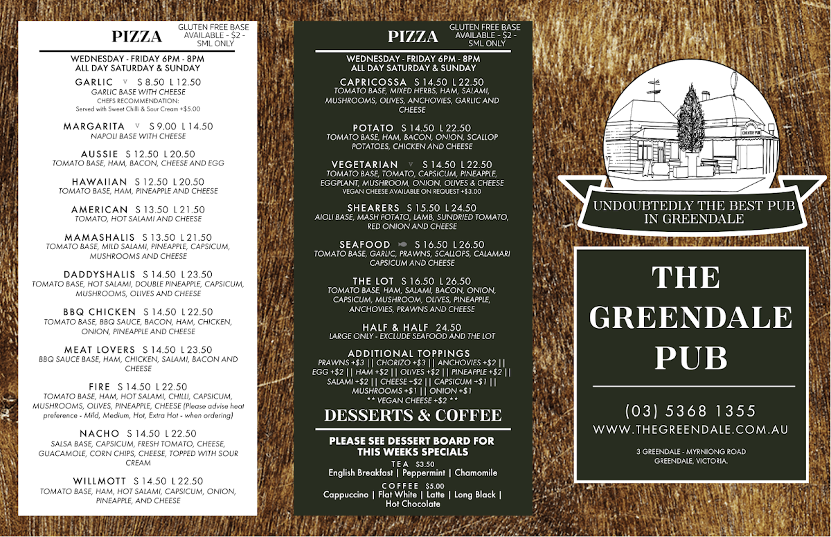 Menu, The Greendale Pub