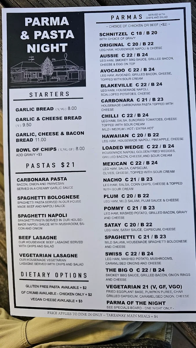 Menu, The Greendale Pub