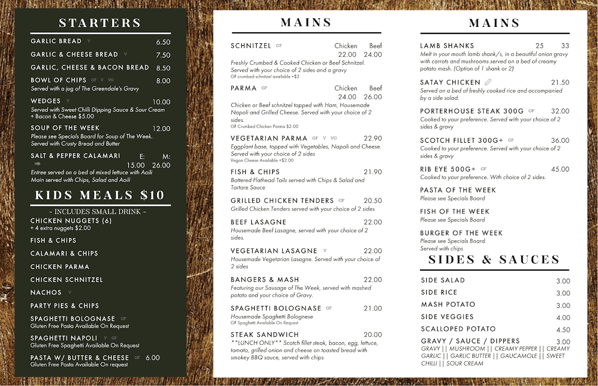 Menu, The Greendale Pub