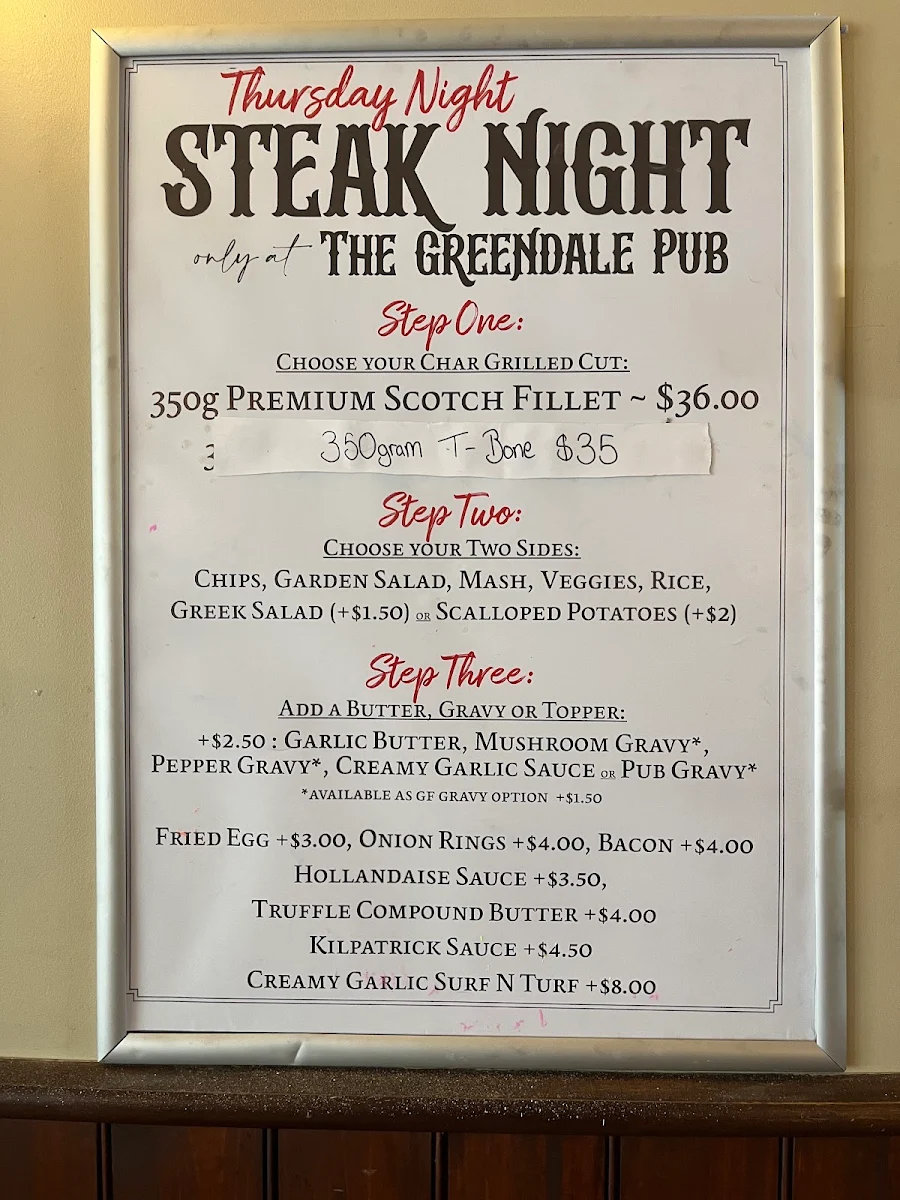 Menu, The Greendale Pub