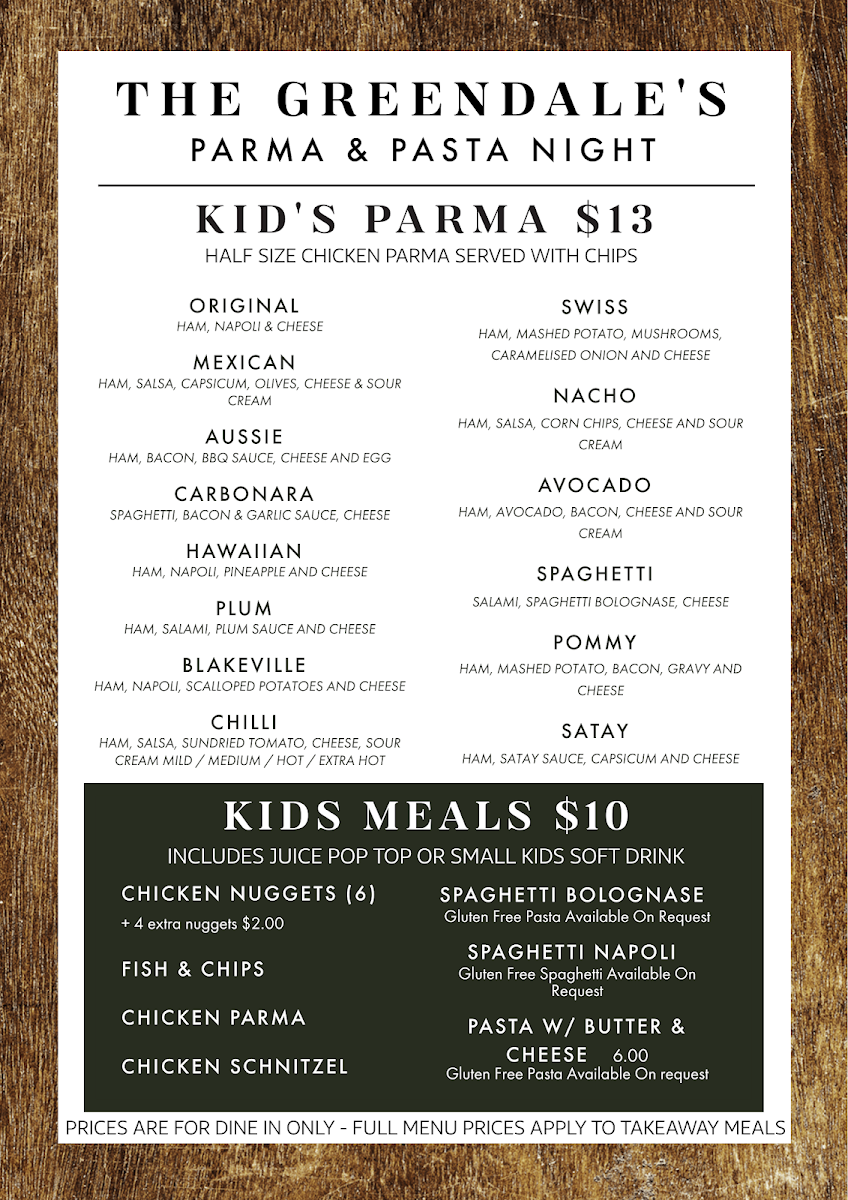 Menu, The Greendale Pub