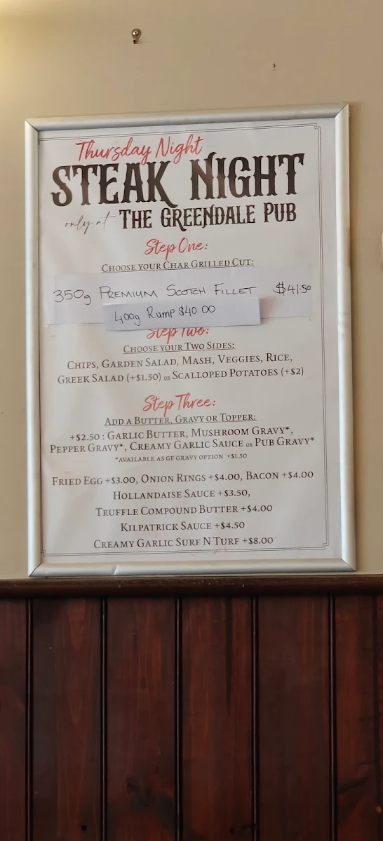 Menu, The Greendale Pub
