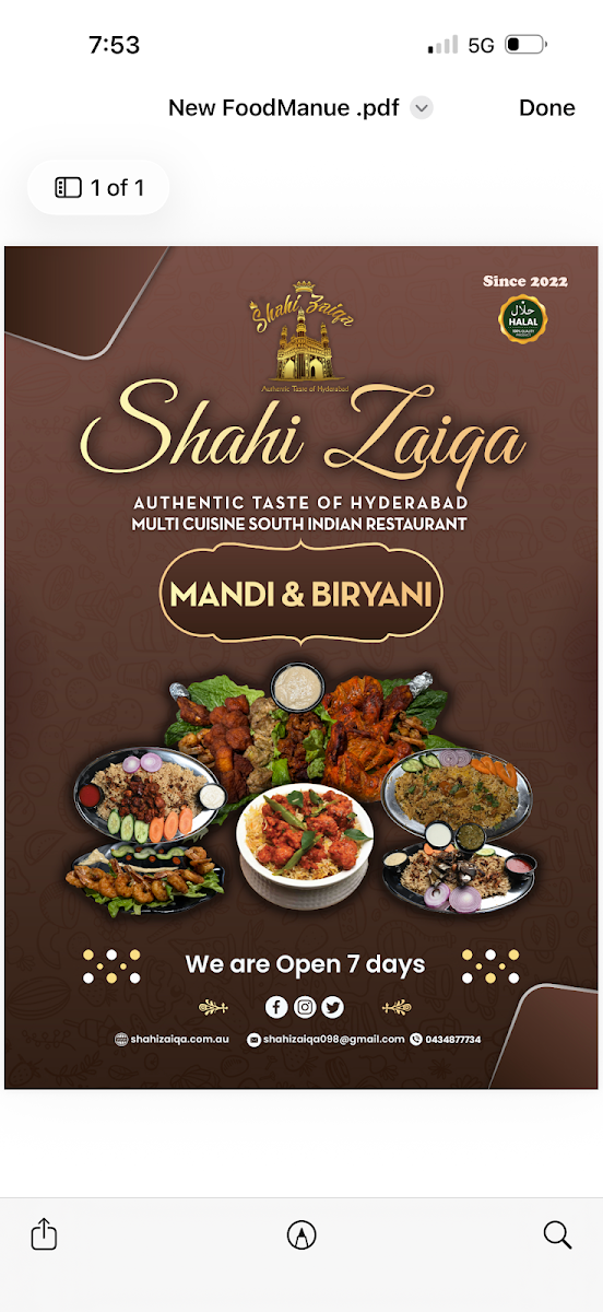 Menu, Shahi Zaiqa Mandi & biryani salisbury