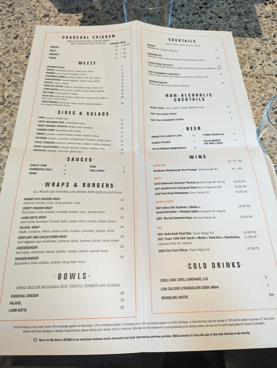 Menu, Henrietta Charcoal Chicken Surry Hills