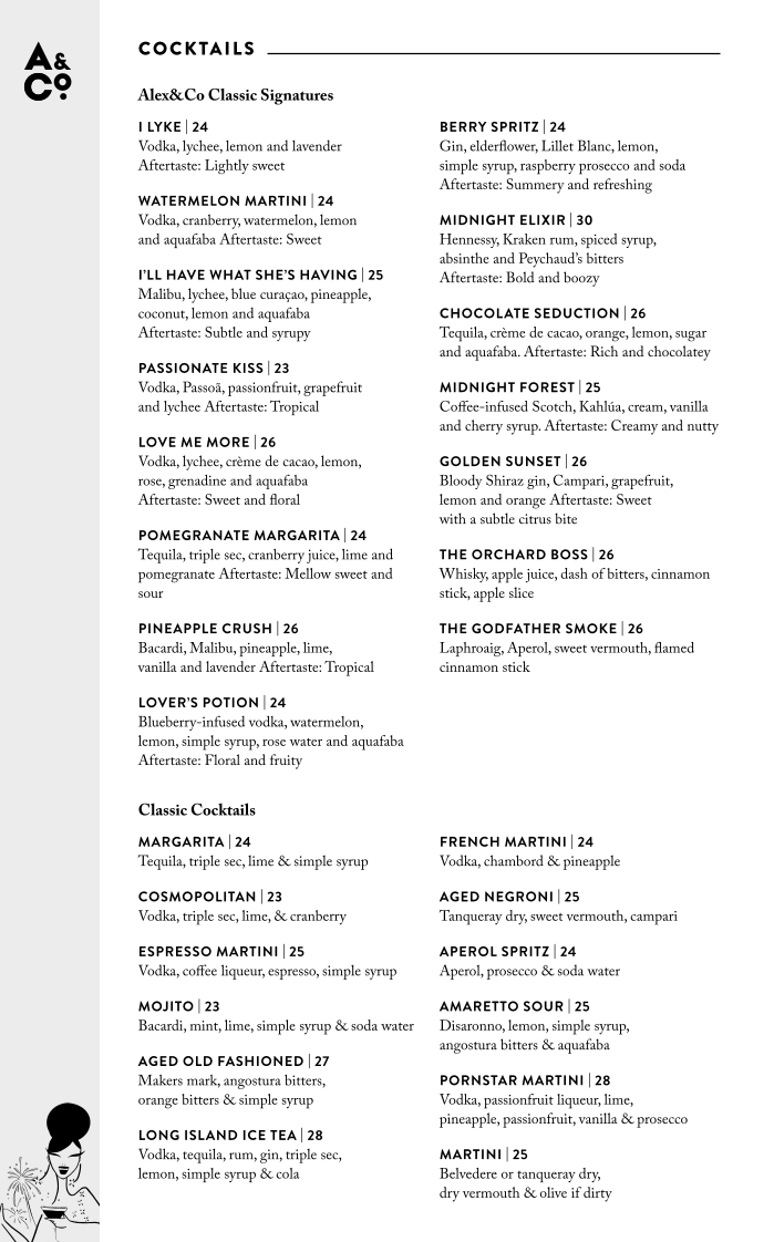 Menu, ALEX&Co. Restaurant & Bar Parramatta