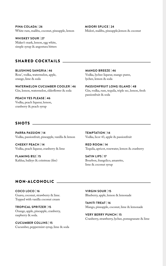 Menu, ALEX&Co. Restaurant & Bar Parramatta