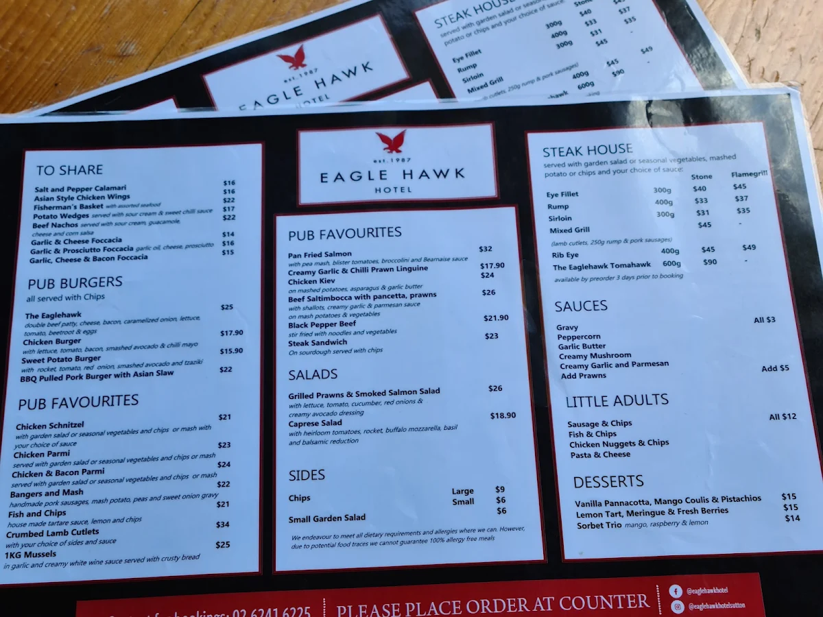 Menu, EAGLE HAWK HOTEL
