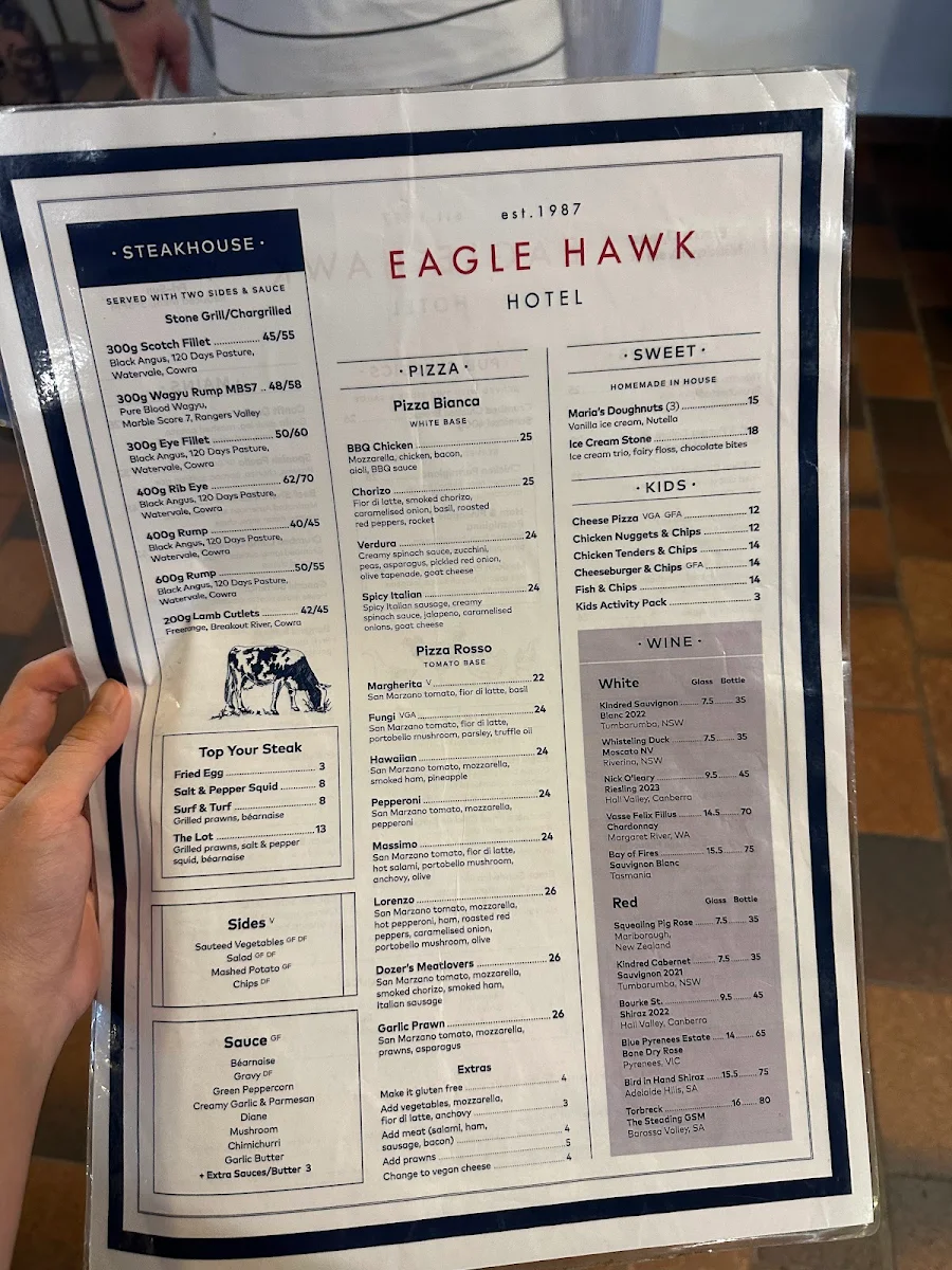 Menu, EAGLE HAWK HOTEL