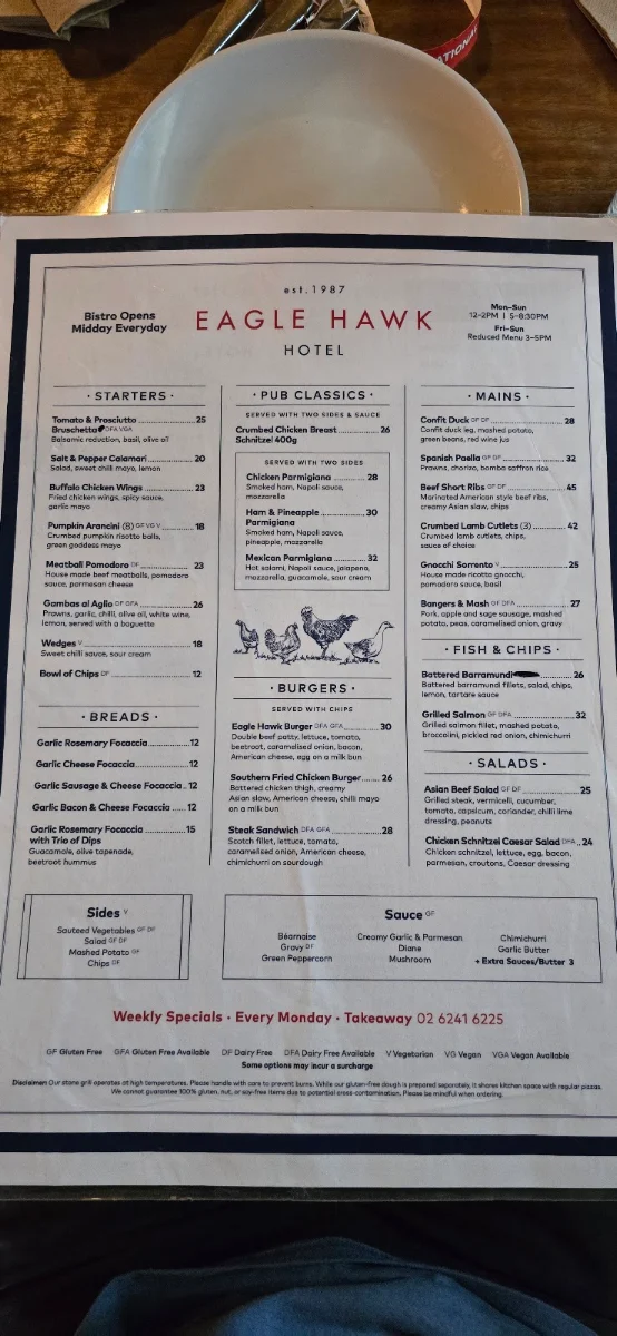 Menu, EAGLE HAWK HOTEL