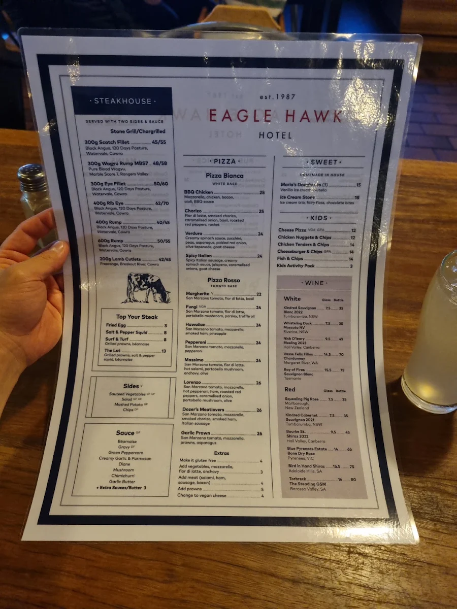 Menu, EAGLE HAWK HOTEL
