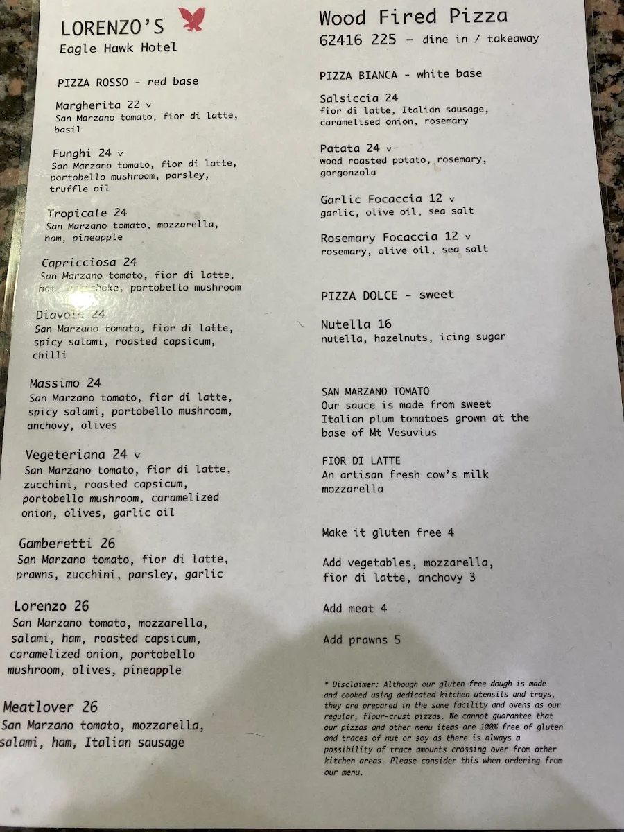 Menu, EAGLE HAWK HOTEL
