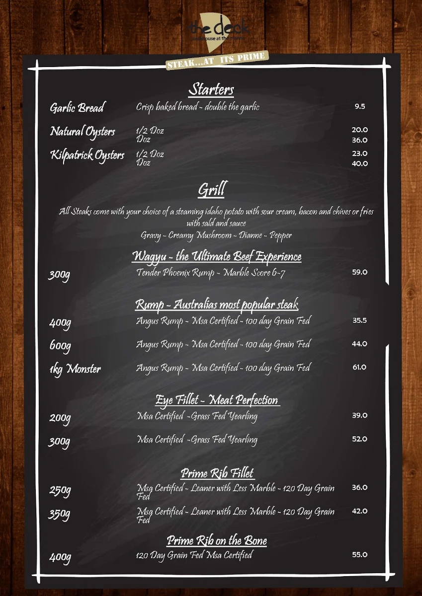 Menu, The Deck Steakhouse