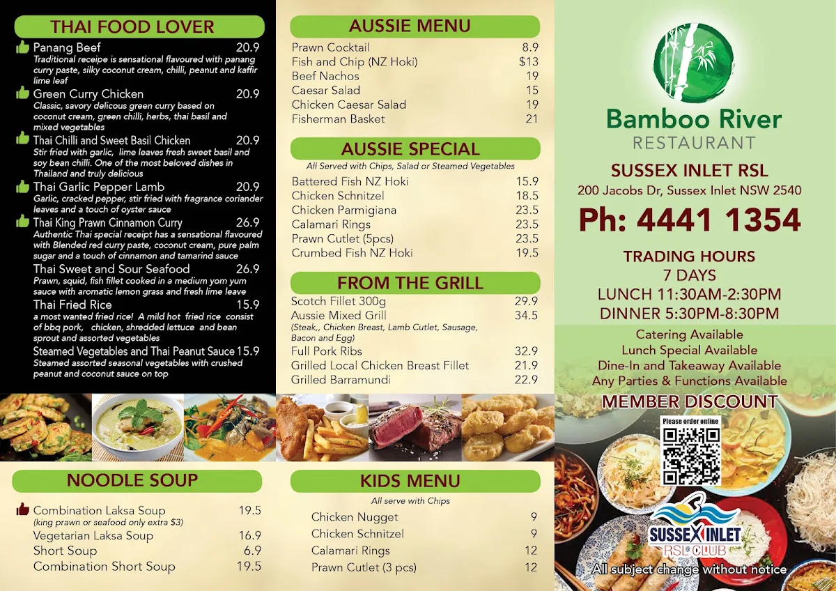 Menu, Bamboo River Sussex Inlet