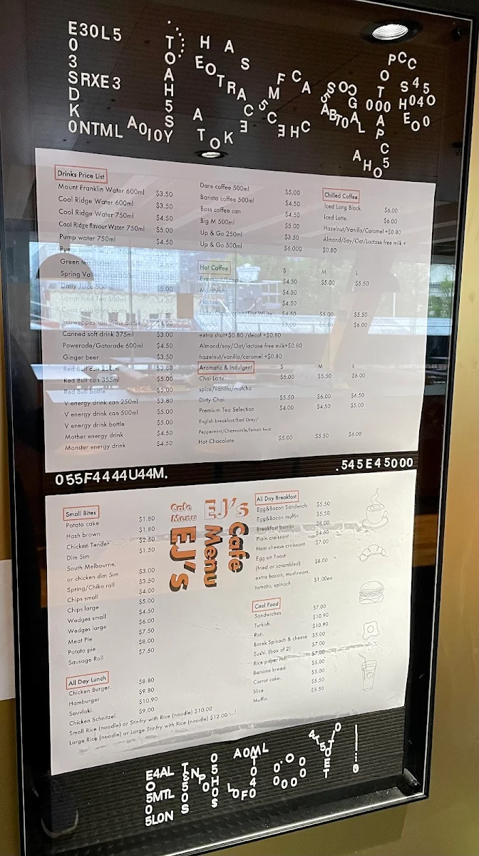 Menu, EJ’s Cafe