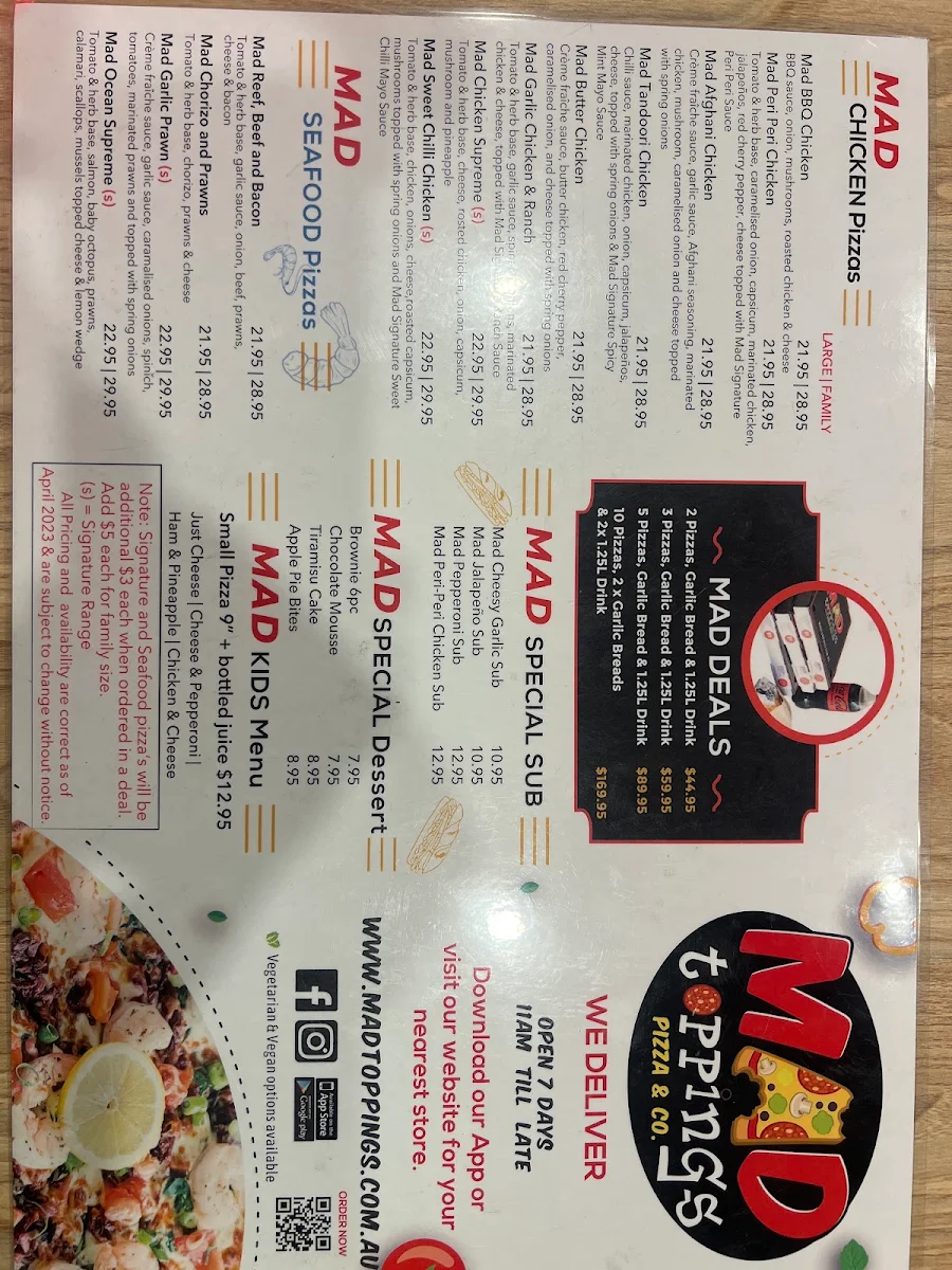 Menu, Mad Toppings Gordon