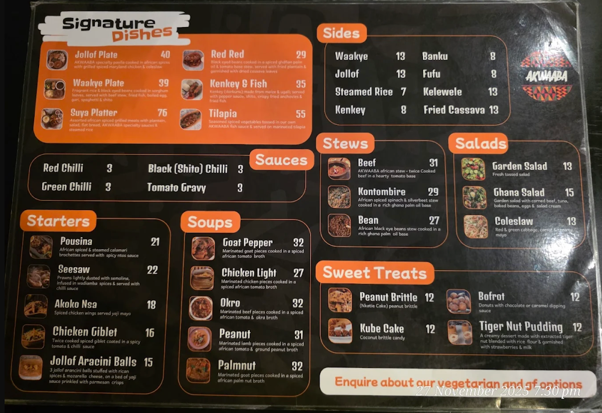 Menu, Akwaaba Restaurant & Bar