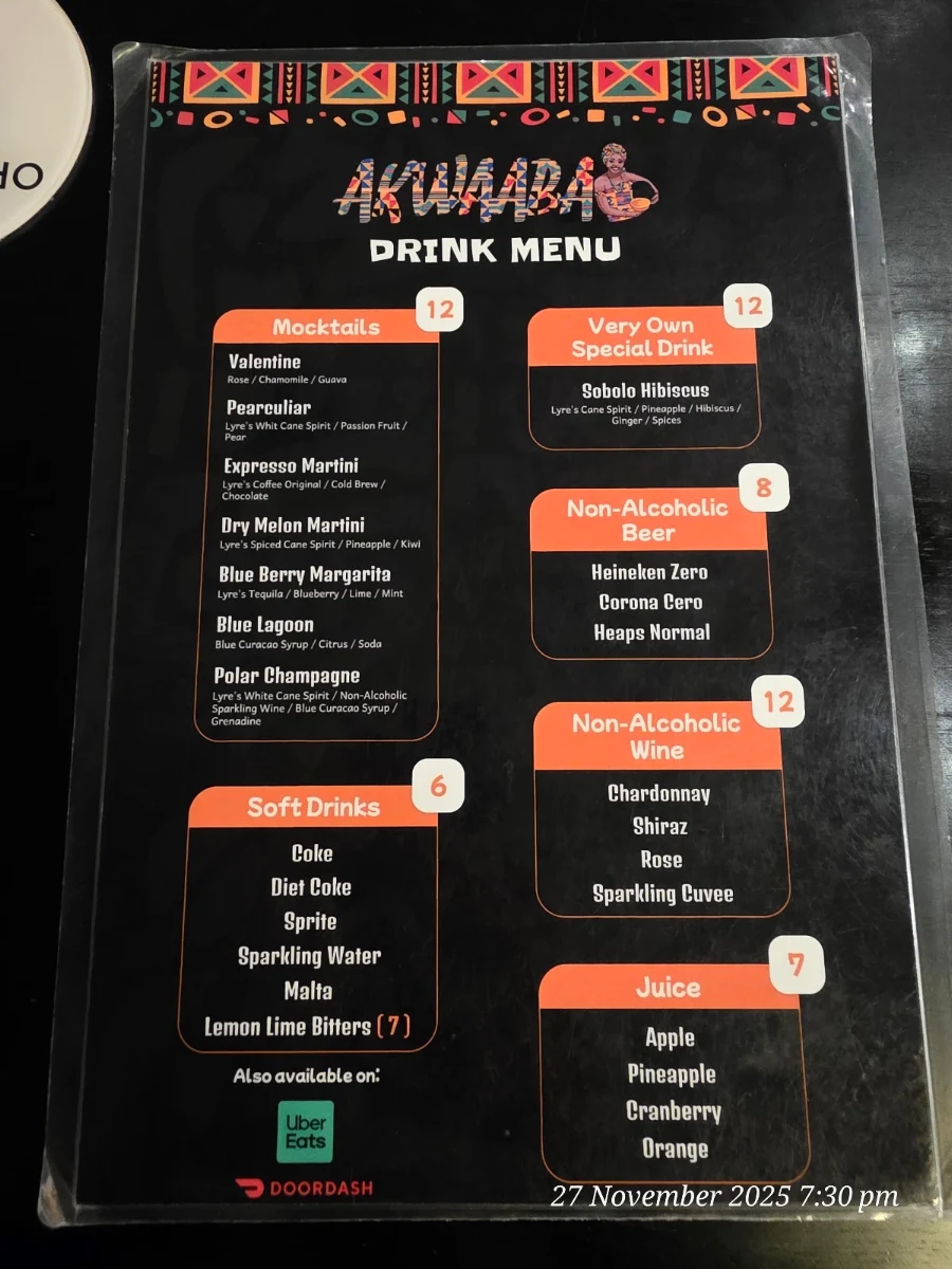 Menu, Akwaaba Restaurant & Bar