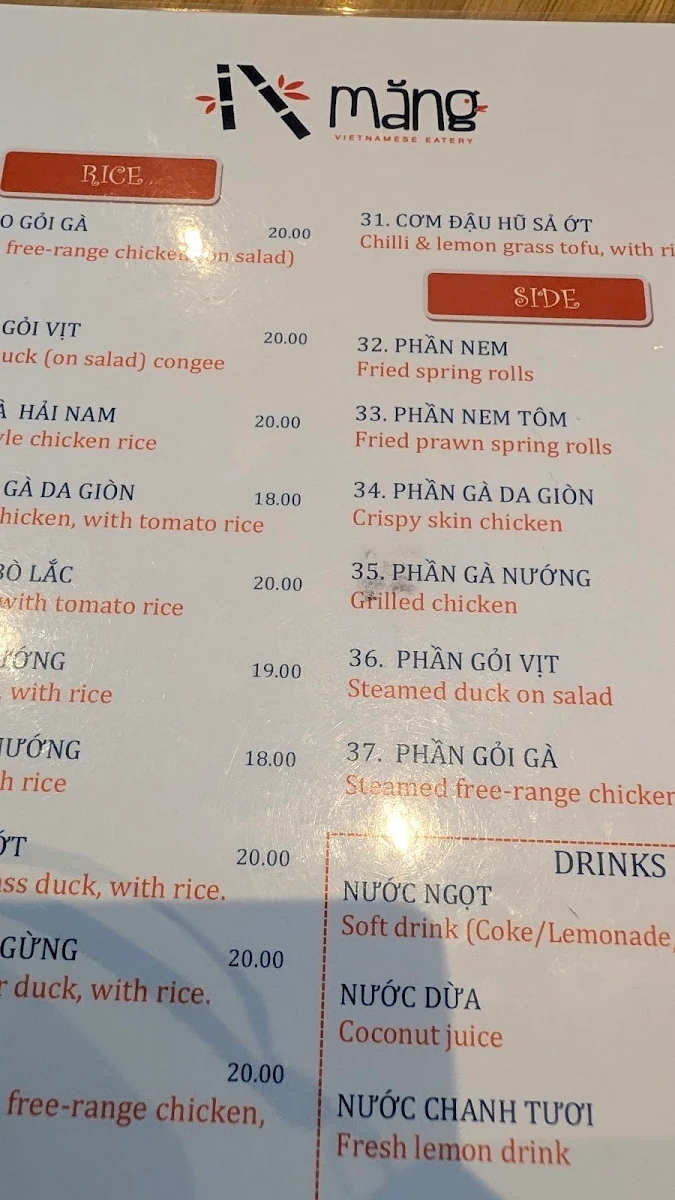Menu, Mang Vietnamese Eatery