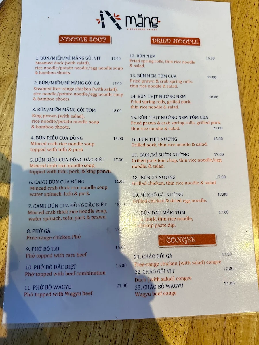 Menu, Mang Vietnamese Eatery