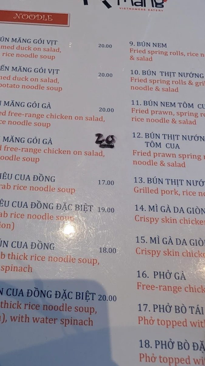Menu, Mang Vietnamese Eatery