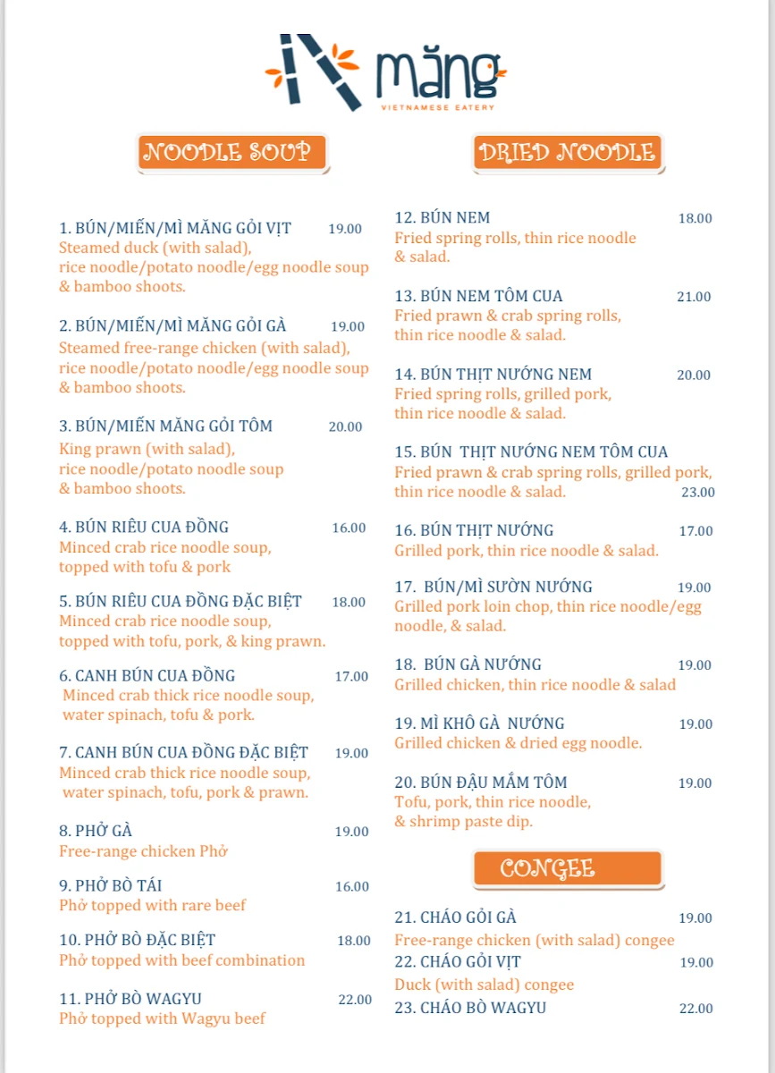 Menu, Mang Vietnamese Eatery