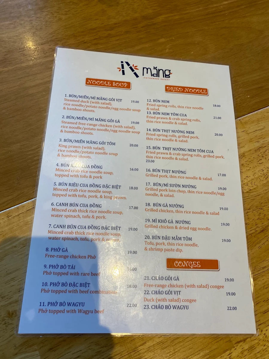 Menu, Mang Vietnamese Eatery