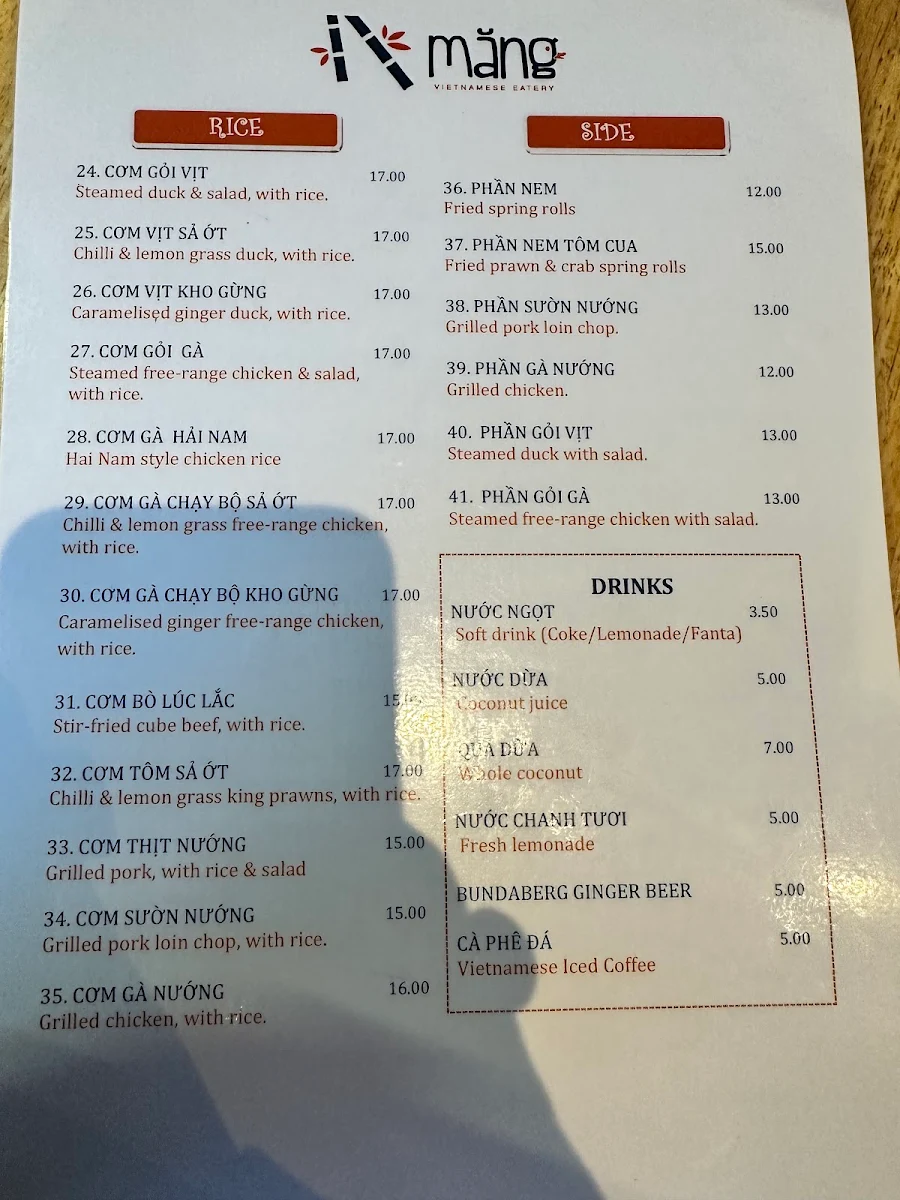 Menu, Mang Vietnamese Eatery