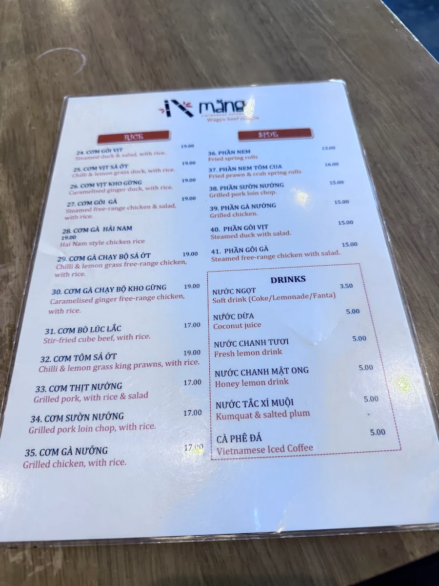 Menu, Mang Vietnamese Eatery