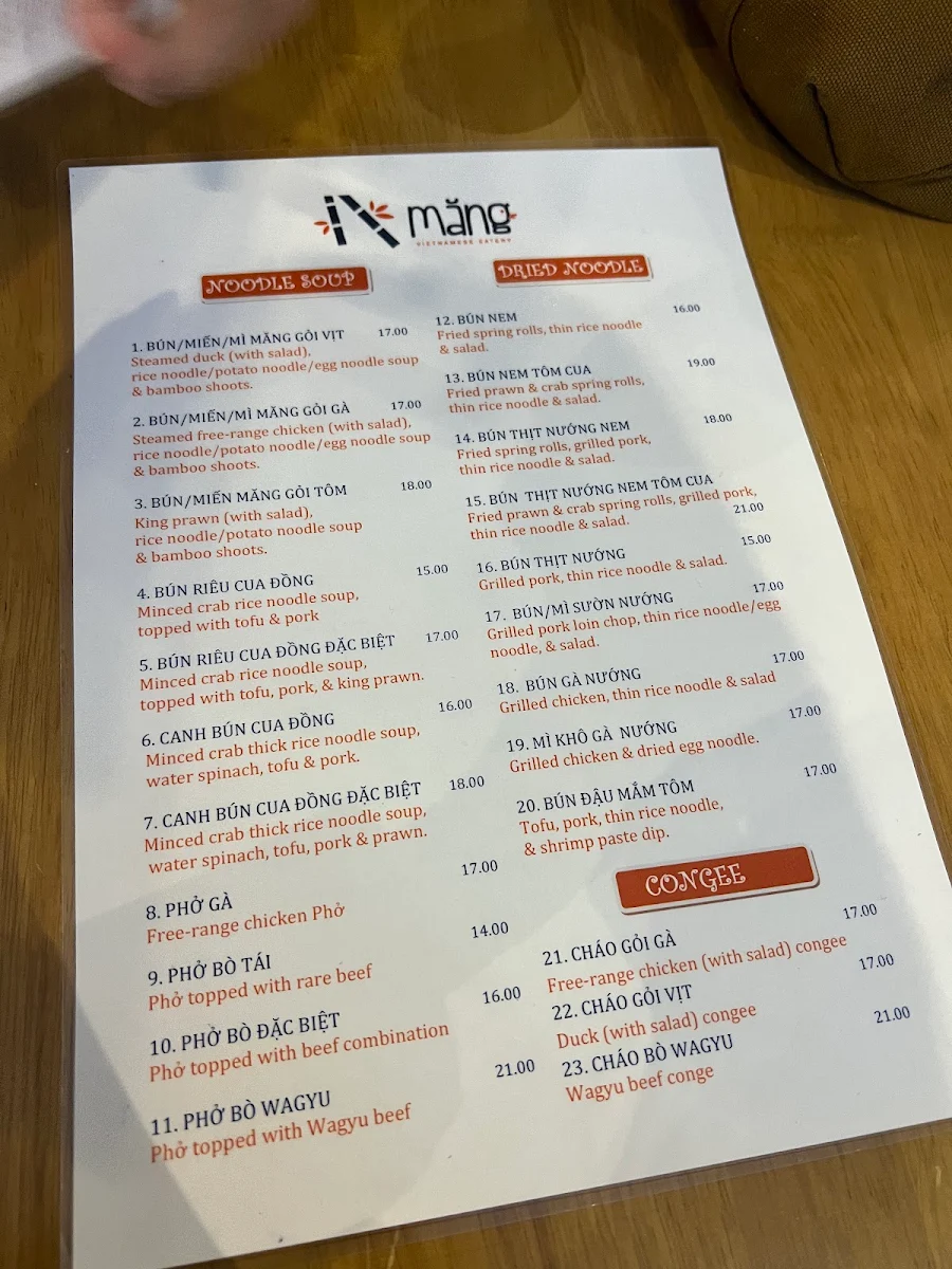 Menu, Mang Vietnamese Eatery