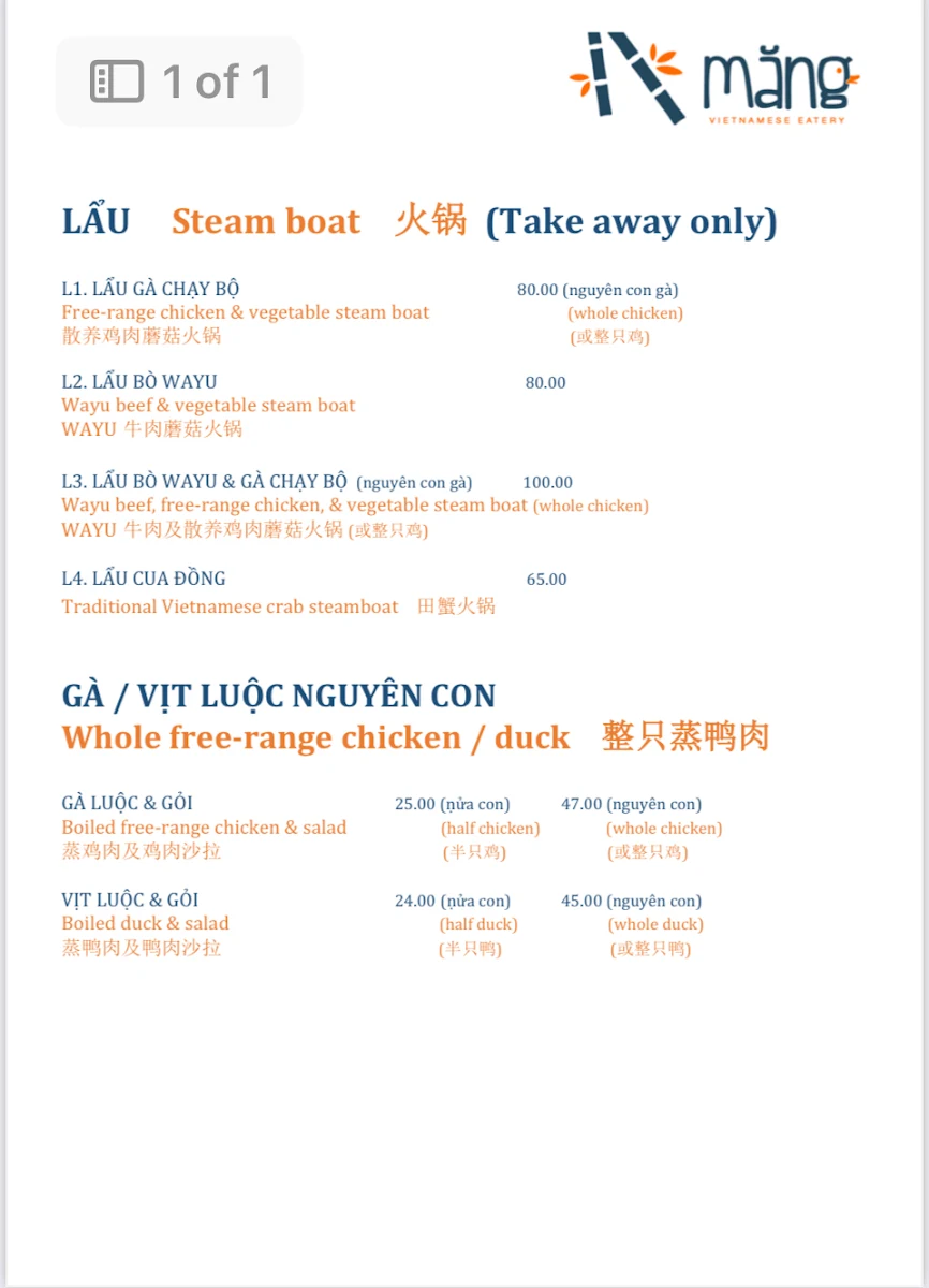 Menu, Mang Vietnamese Eatery