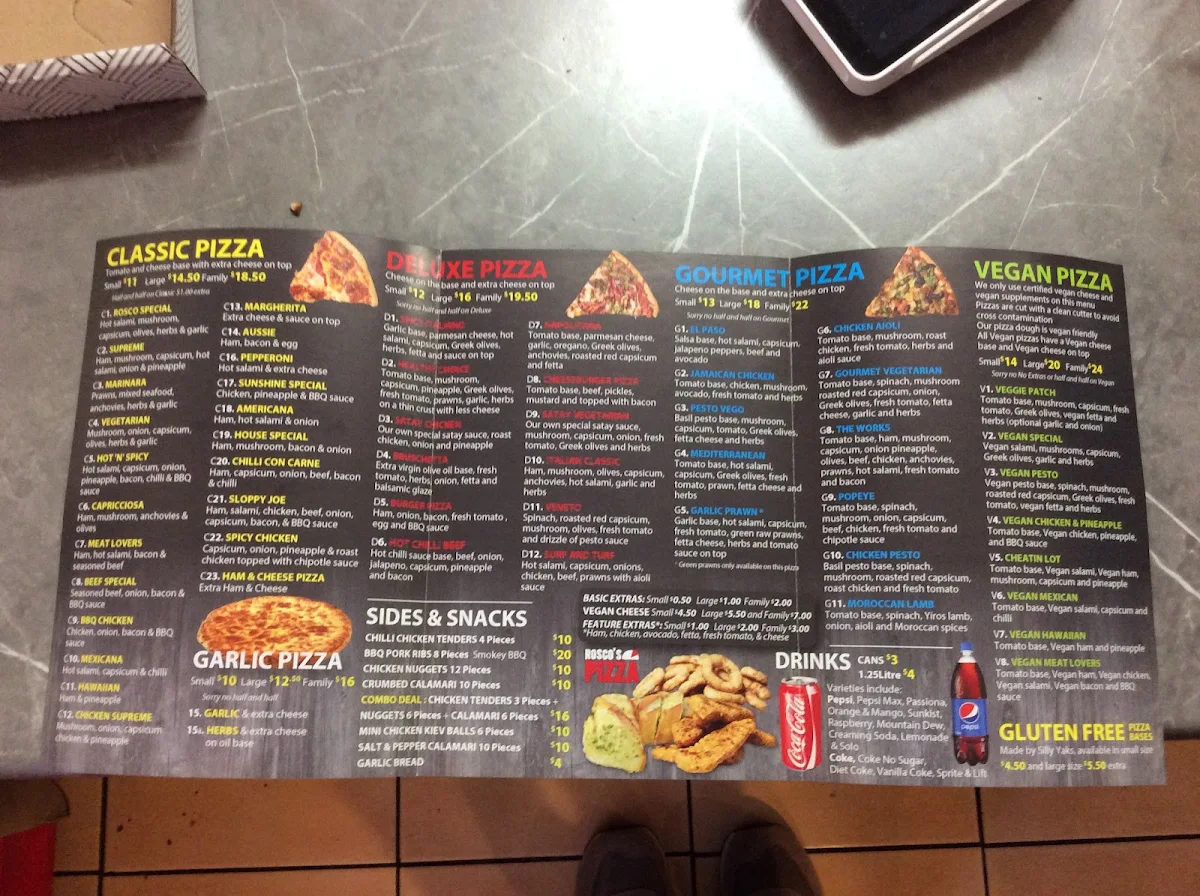 Menu, Rosco's Pizza