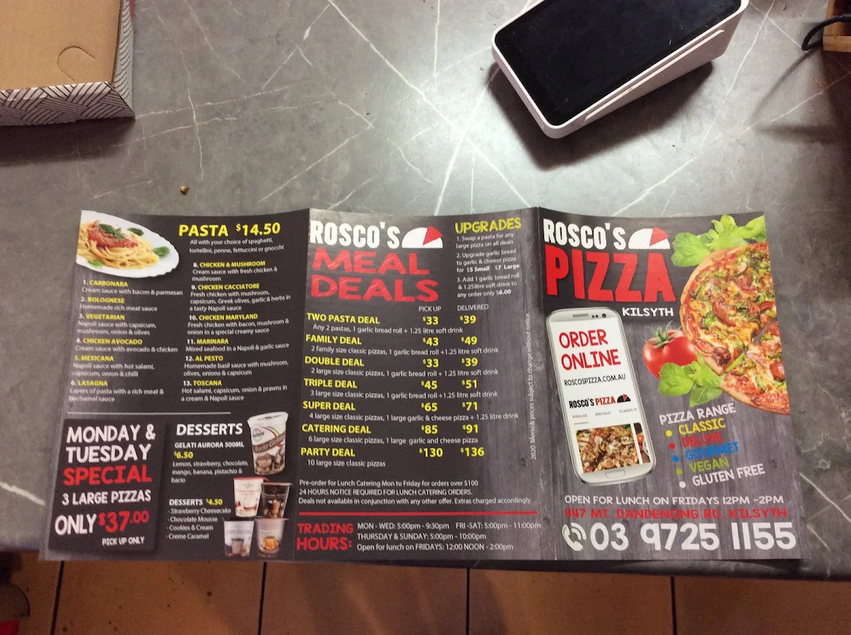Menu, Rosco's Pizza