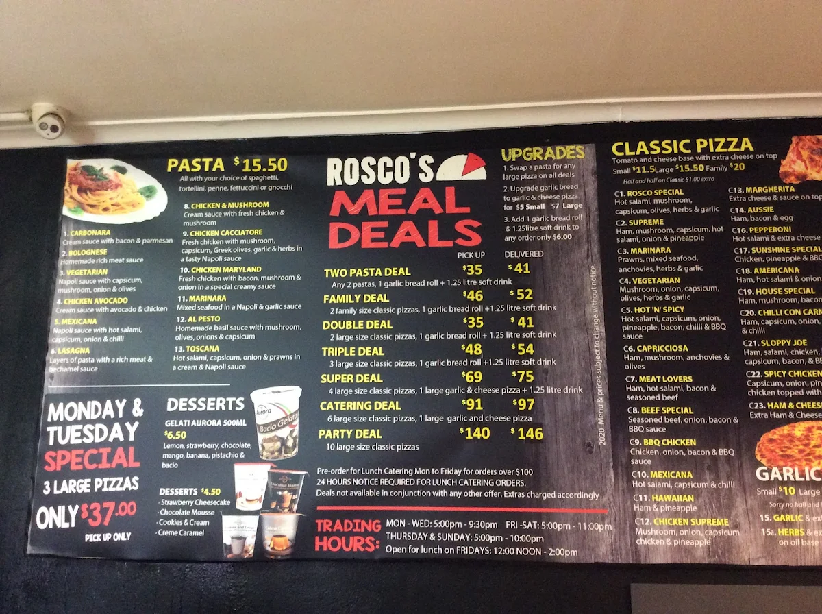 Menu, Rosco's Pizza
