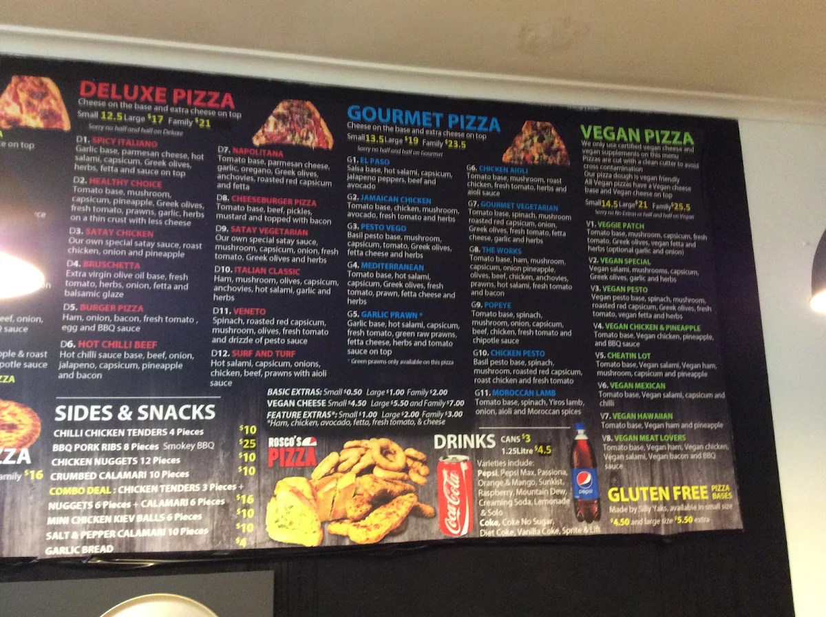 Menu, Rosco's Pizza