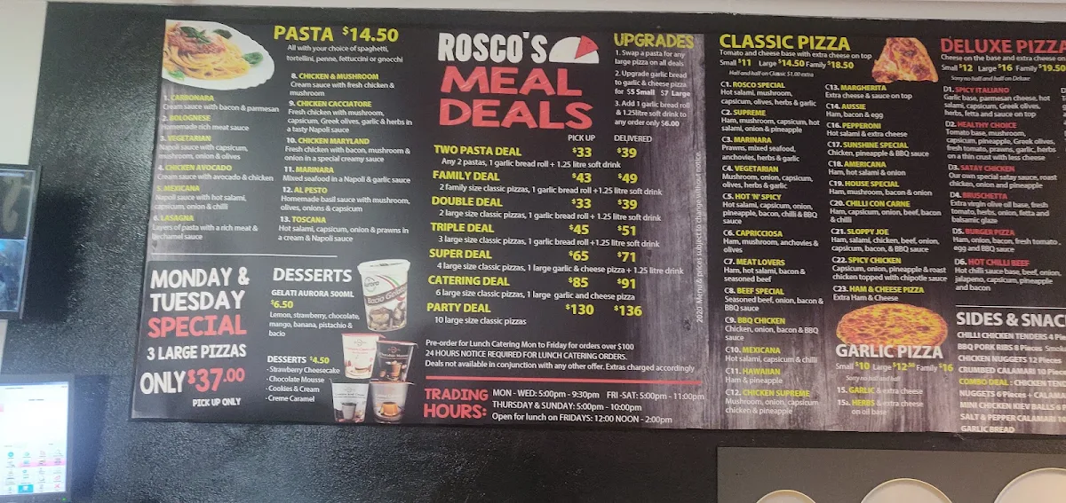 Menu, Rosco's Pizza