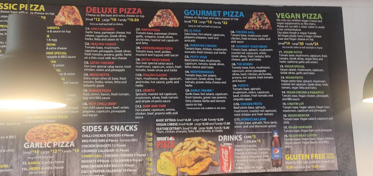Menu, Rosco's Pizza
