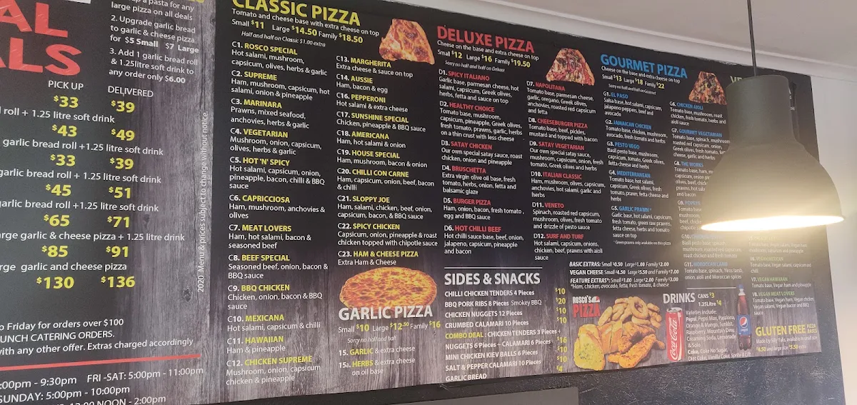 Menu, Rosco's Pizza