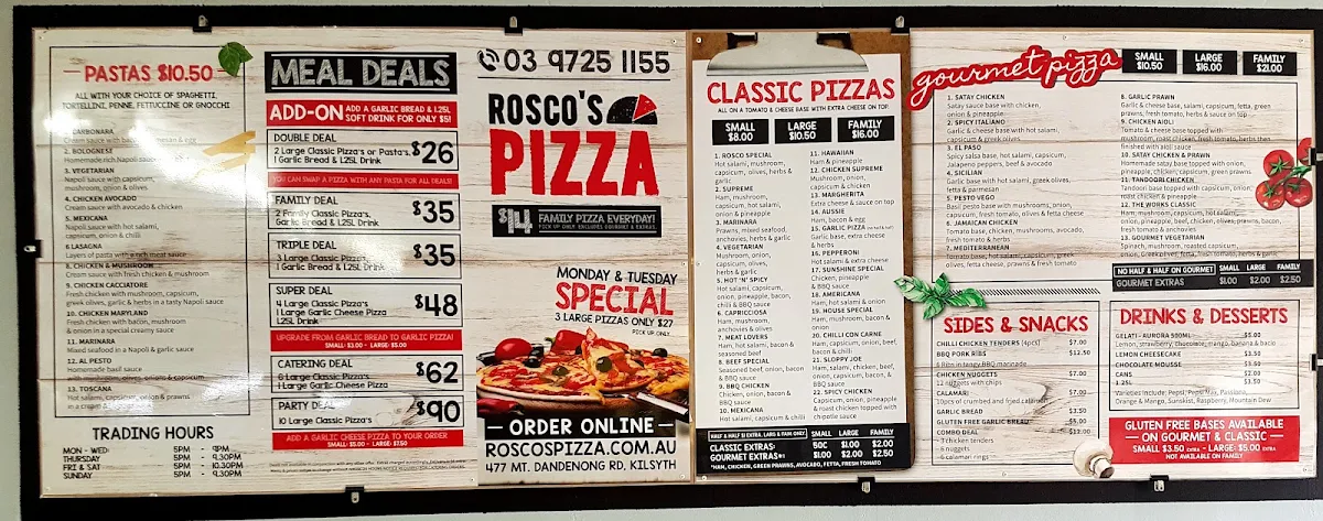 Menu, Rosco's Pizza