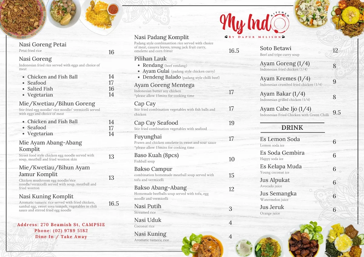 Menu, My Indo Kitchen Campsie