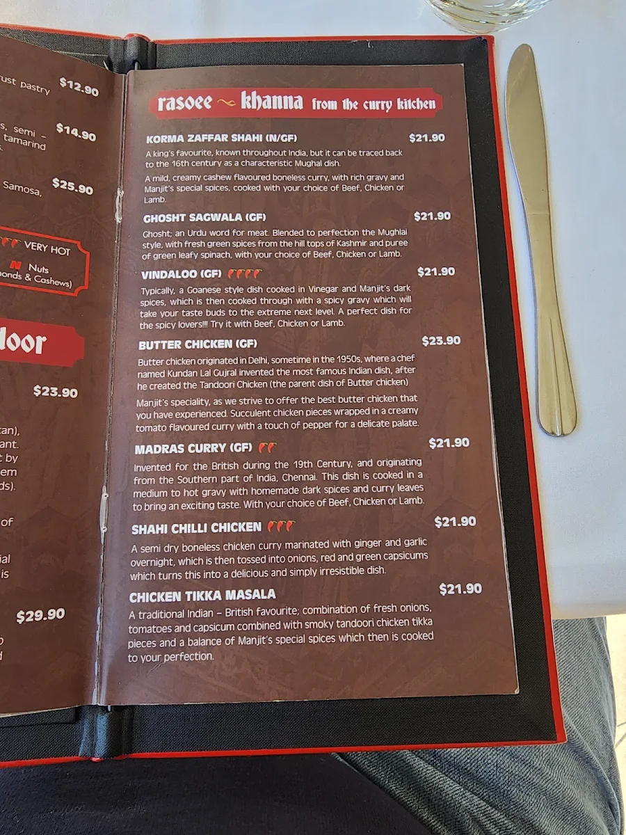 Menu, Manjit's Indian Restaurant