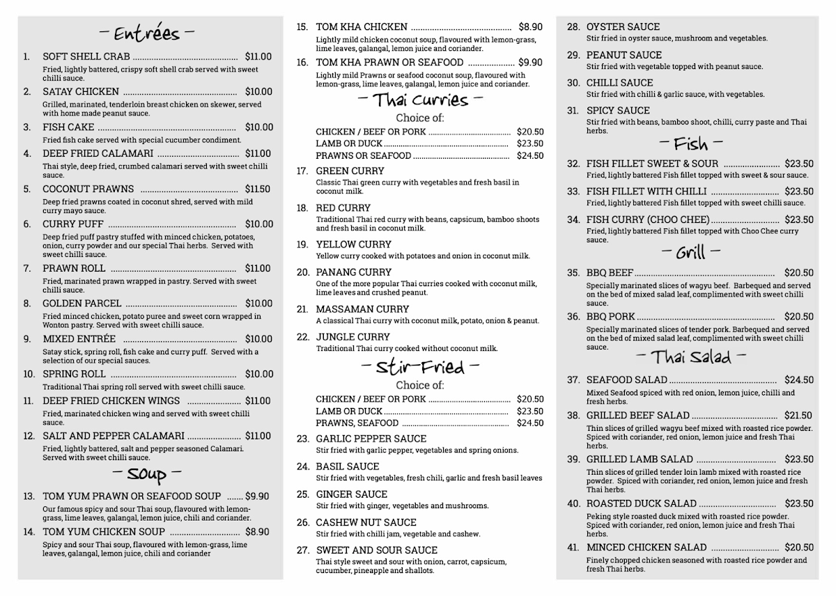 Menu, Tuk Tuk Thai