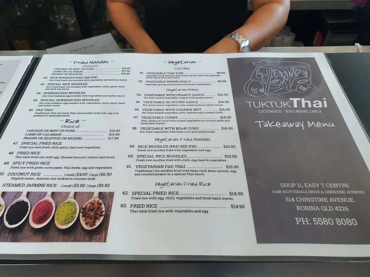 Menu, Tuk Tuk Thai
