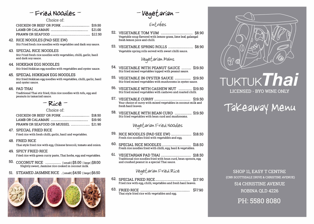 Menu, Tuk Tuk Thai
