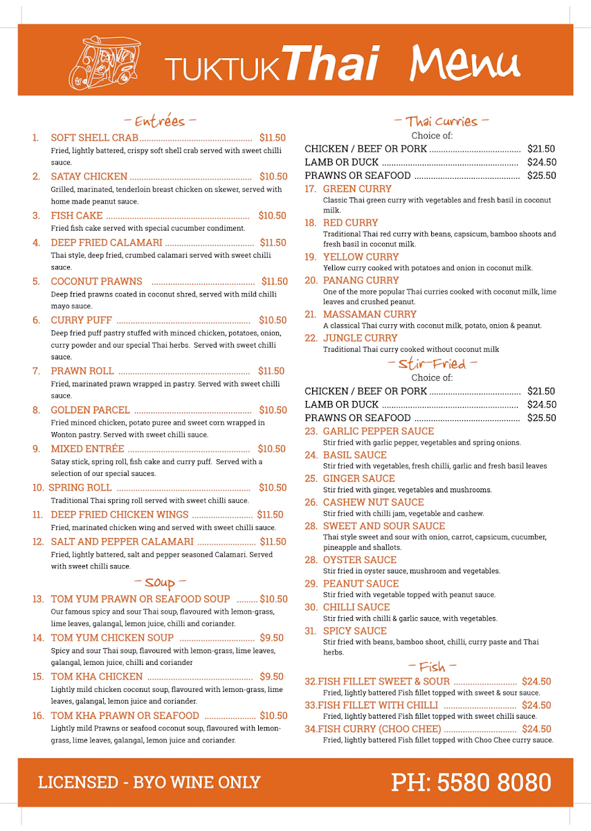 Menu, Tuk Tuk Thai