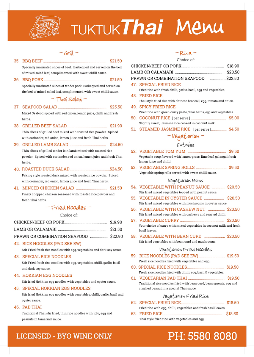 Menu, Tuk Tuk Thai