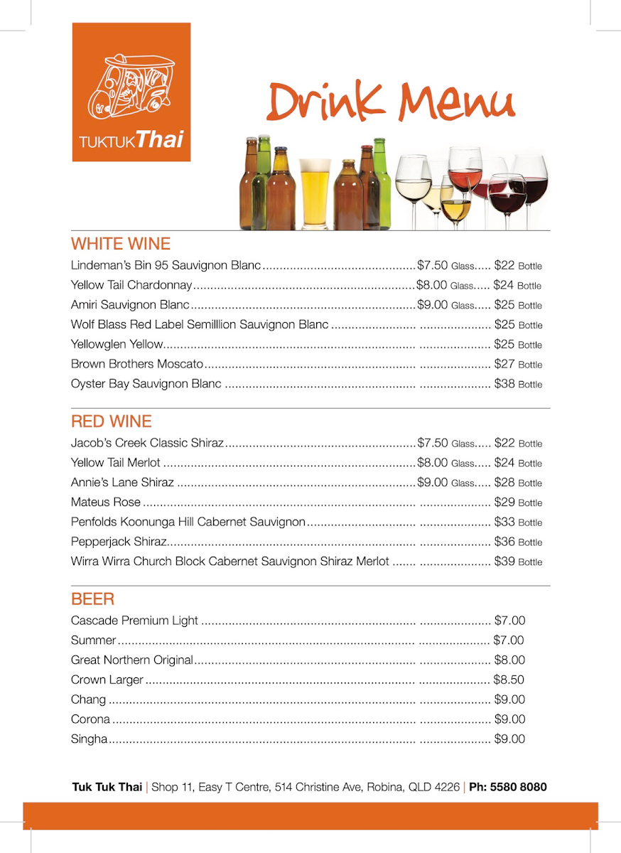 Menu, Tuk Tuk Thai
