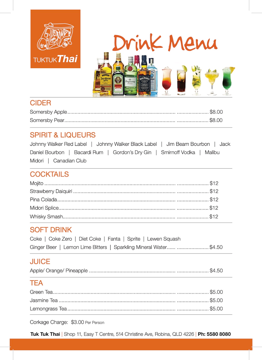 Menu, Tuk Tuk Thai