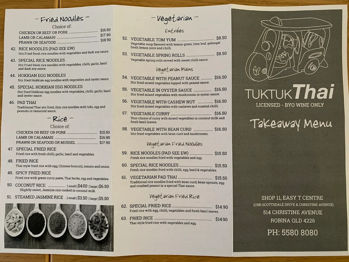 Menu, Tuk Tuk Thai