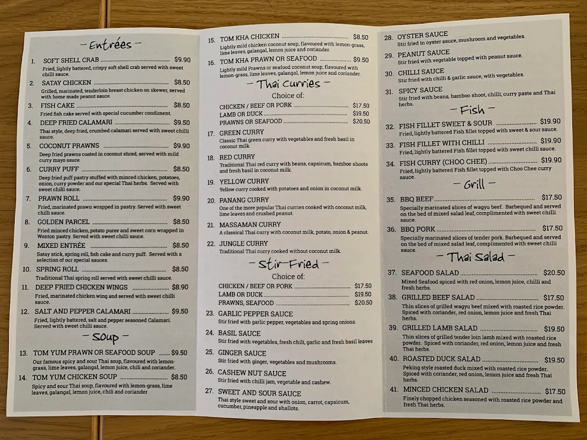 Menu, Tuk Tuk Thai