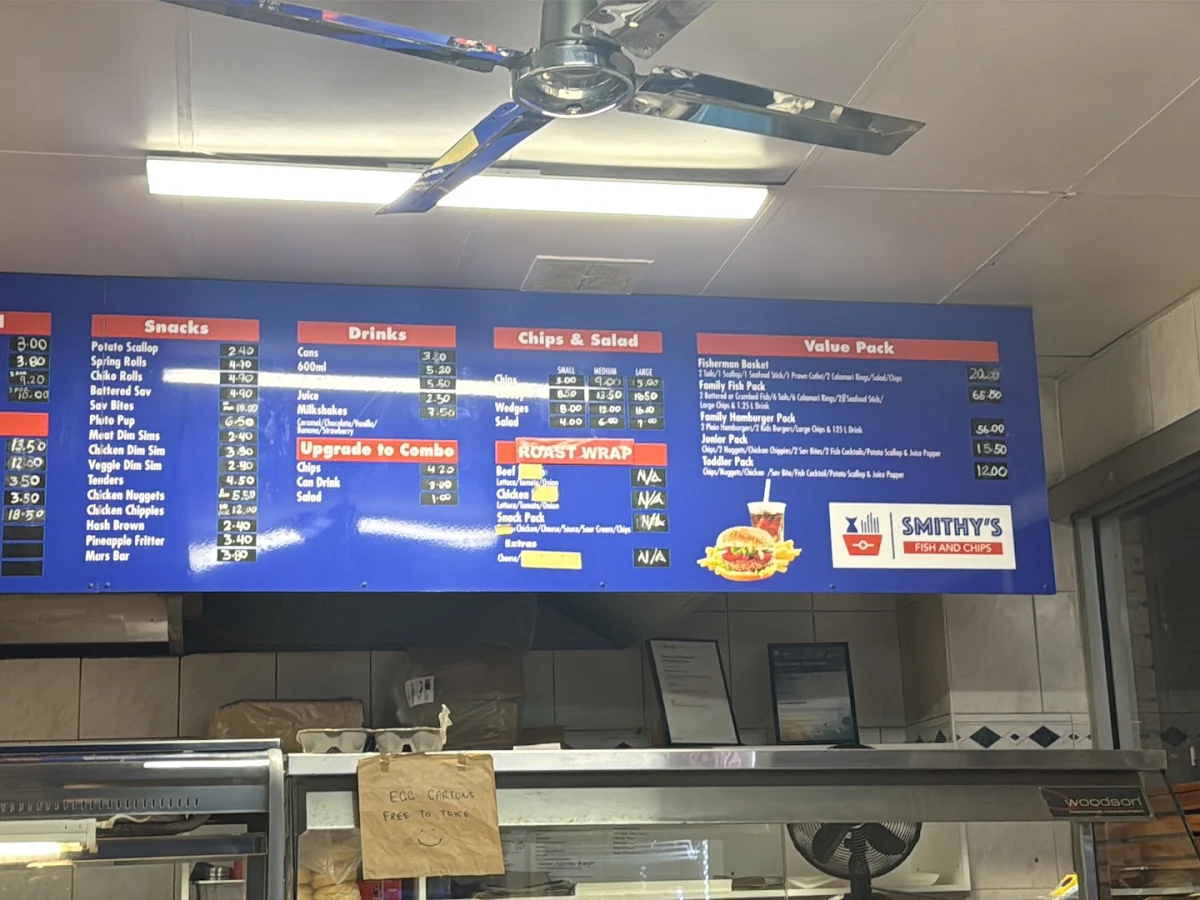 Menu, Smithy’s Fish And Chips